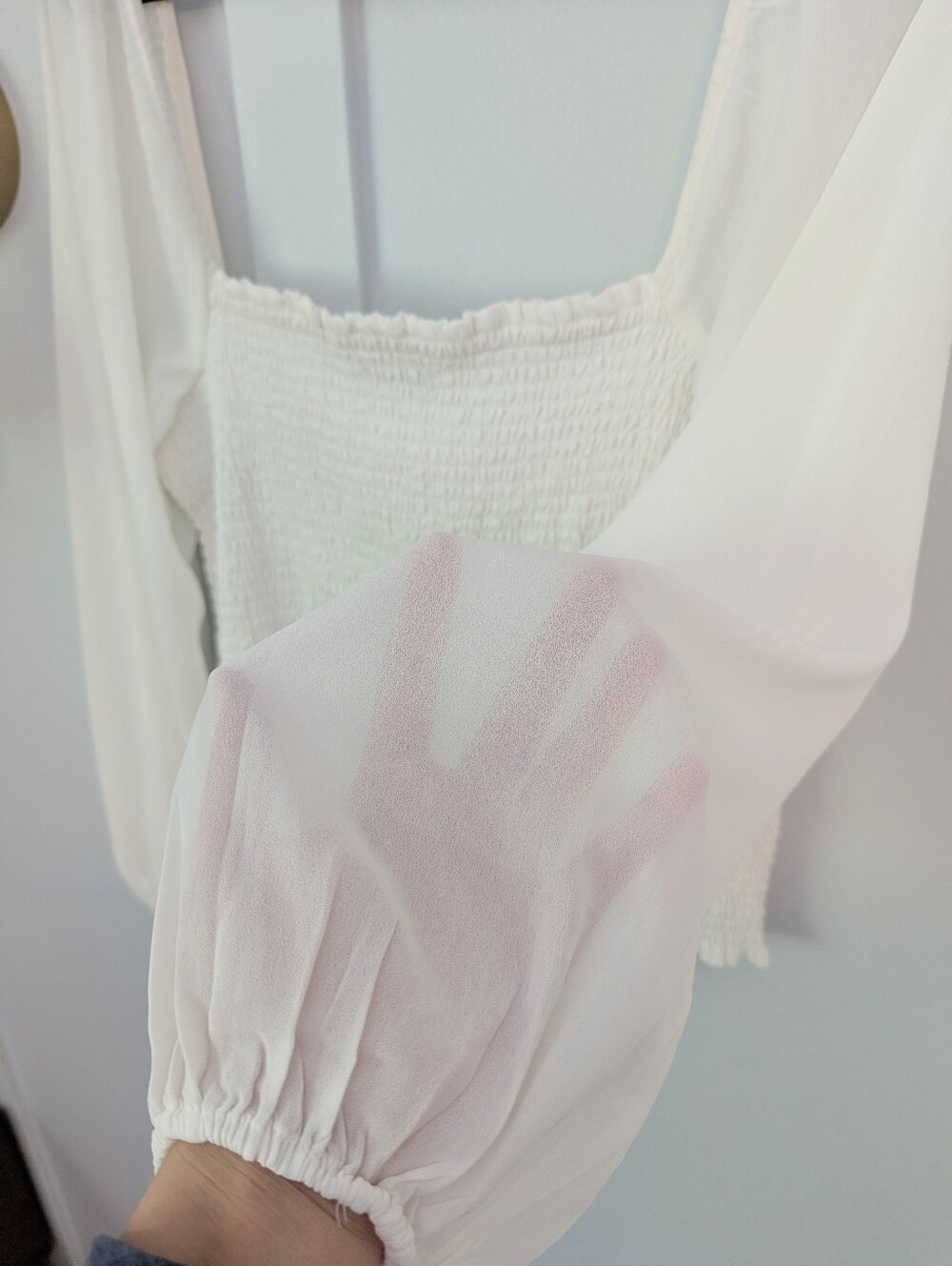 Abercrombie & Fitch White Smocked Square-Neck Sheer Sleeve Crop Top - Picture 5 of 9